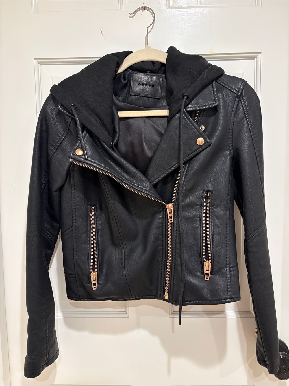Blank NYC Black Faux Leather Hooded Moto Jacket with Rose Gold Hardware